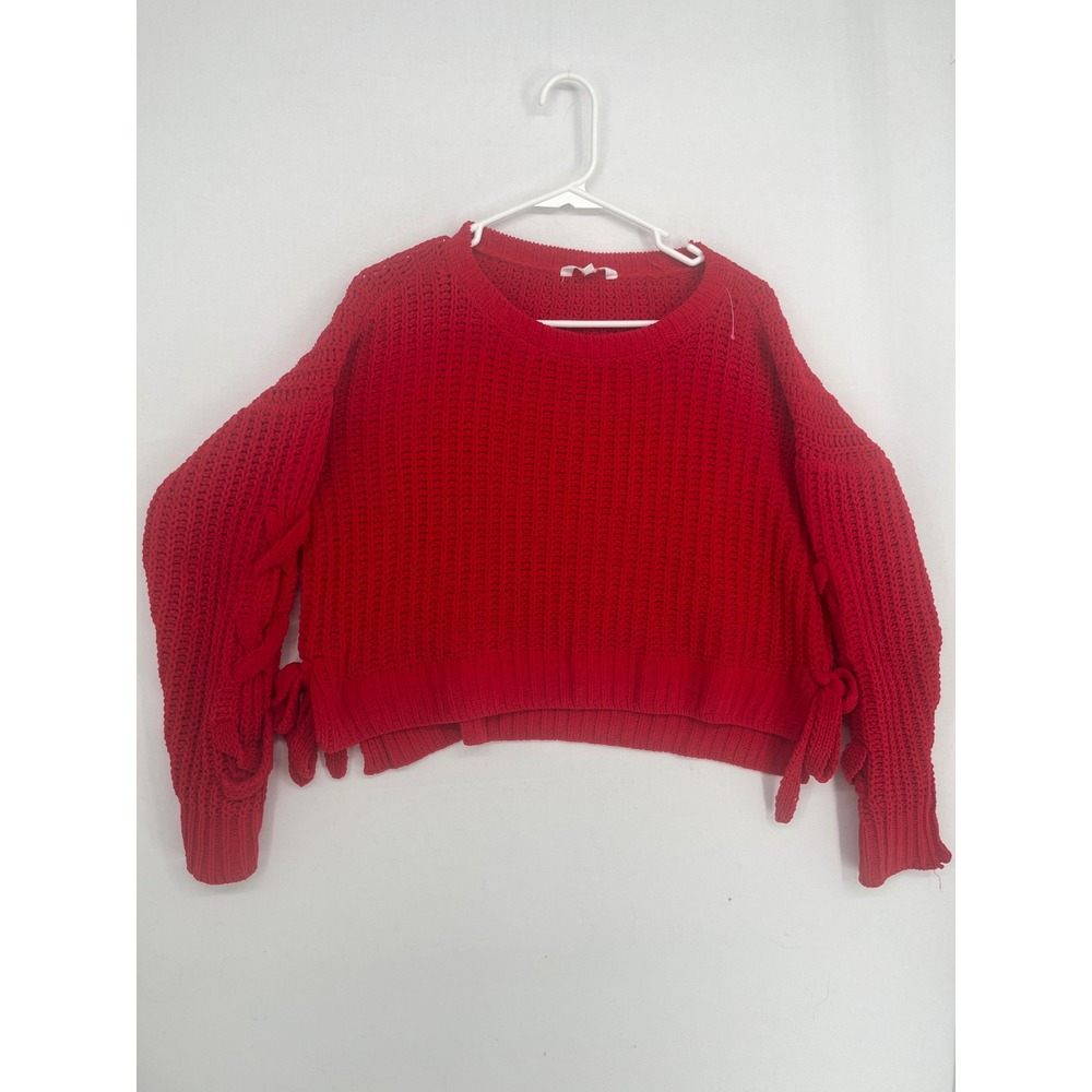 Candie's Red Chenille Knit Cropped Sweater Side Tie Cable Sleeve Medium